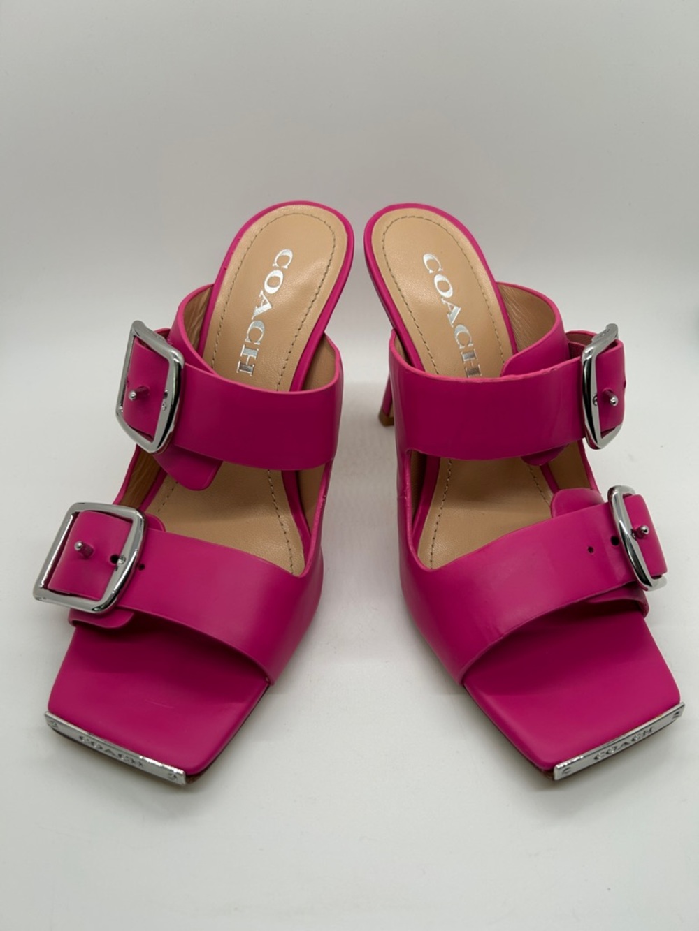 COACH Bright Pink Leather Double-Buckle Slide Stiletto Heels Shoes *Size 6.5* 🌸🌸 - Picture 2 of 9
